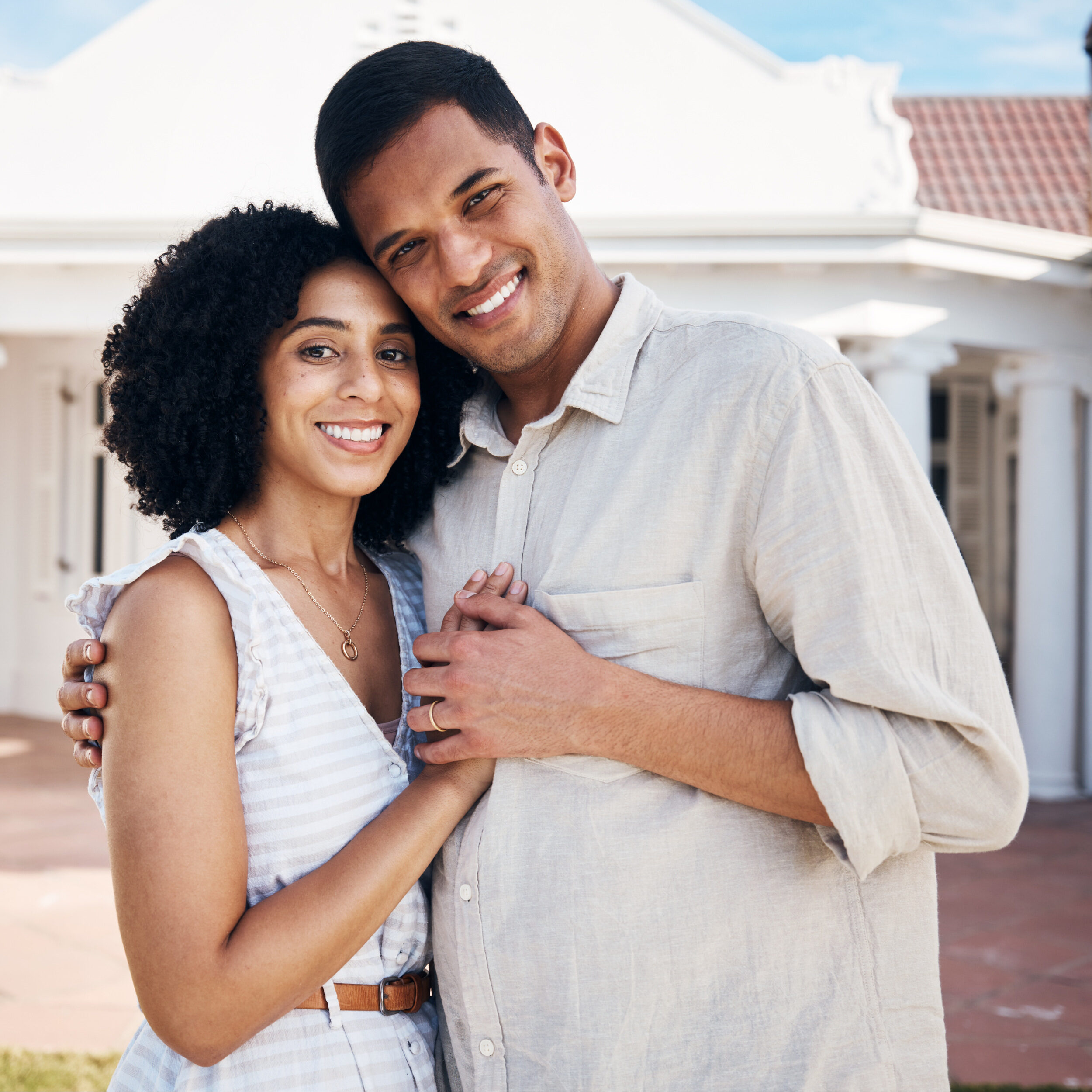 New home, real estate and portrait of couple hug for house, property and mortgage investment. Homeowner, marriage and man and woman embrace for care, trust and excited for purchase, buying and moving.